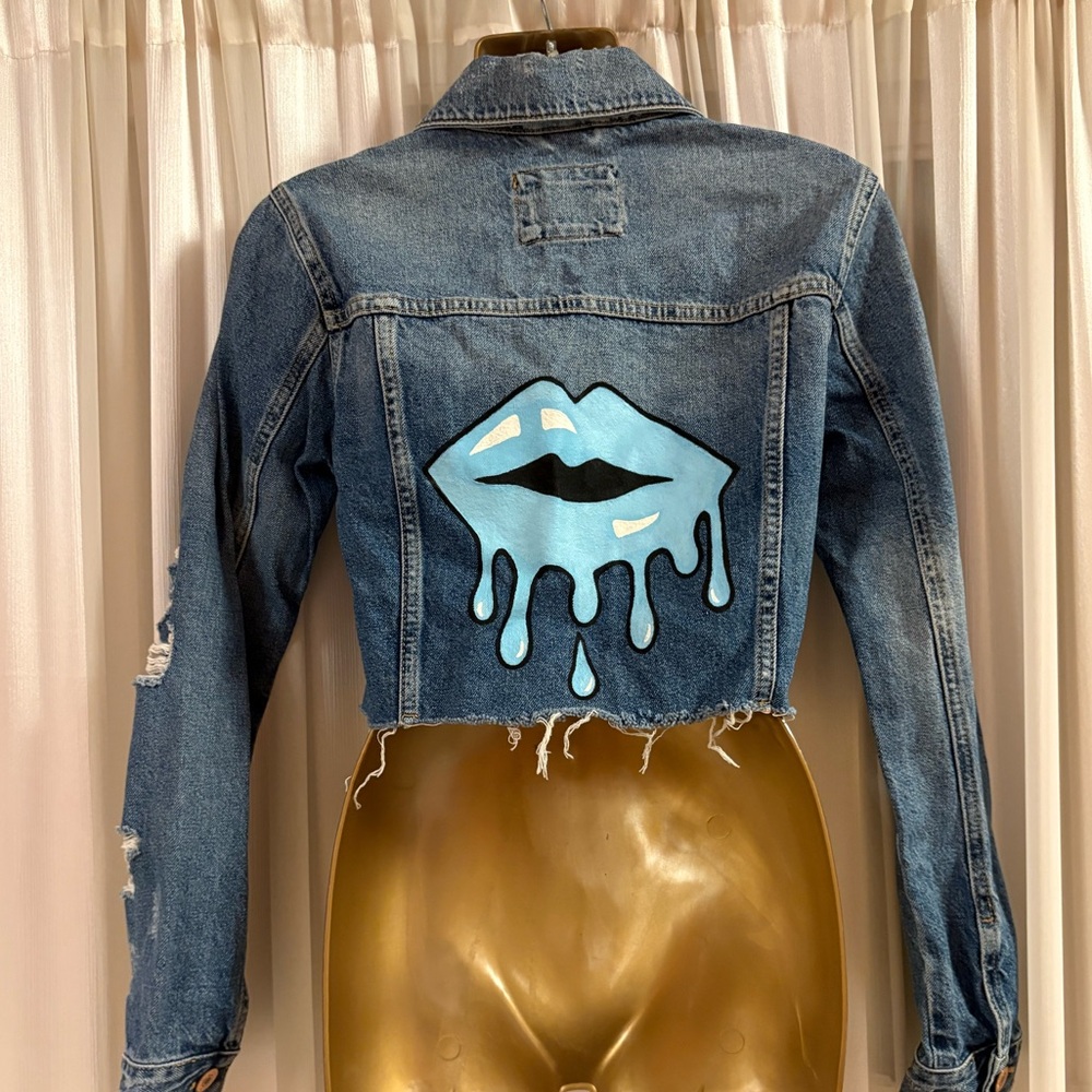 Cropped Blue Denim Jacket with Hand Painted Light Blue Dripping Lips